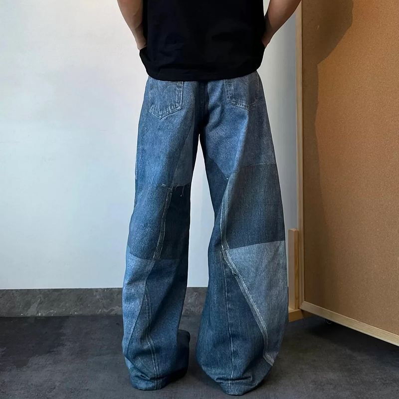 High Waist Camo Jeans Factory - OEM/ODM Custom High Waist Block Camo Jeans Y2K Baggy Distressed Acid Wash Patchwork