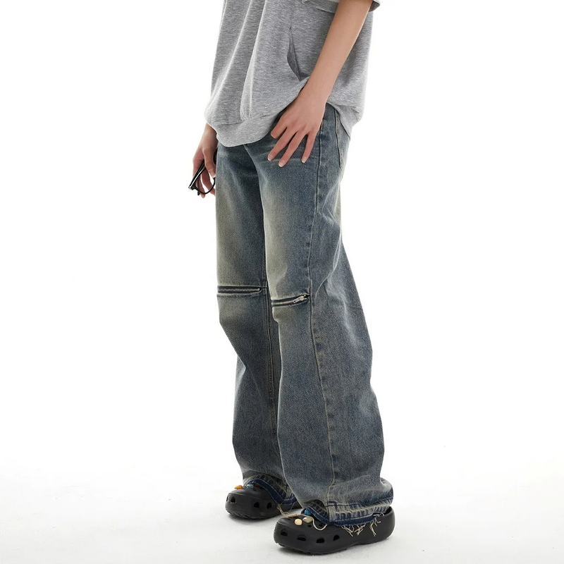 Men's Jeans Manufacturer - OEM/ODM Custom 2025 Y2K Men's Baggy Denim Flared Trousers Zipper Washed Jeans