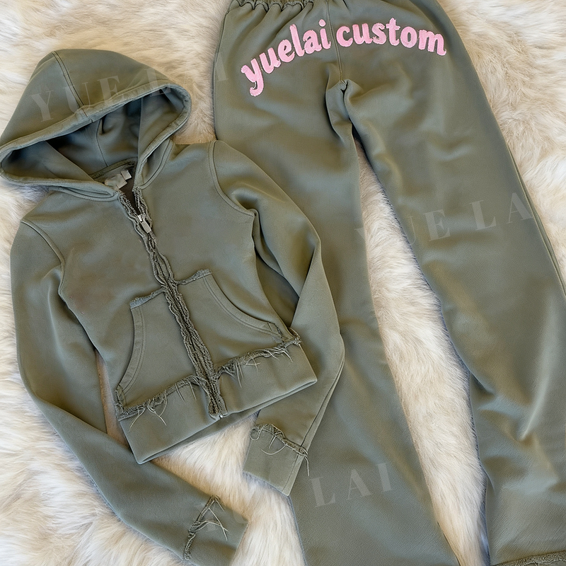 Zip-up Tracksuit Set Factory - OEM/ODM Custom Wholesale Women's Zip-up Cotton Tracksuit Loungewear Set Cropped Hoodie