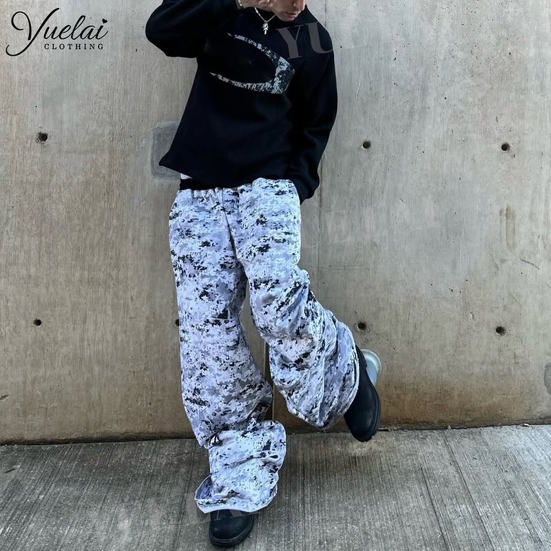 Men's Sweatpants Manufacturer - OEM/ODM Custom Logo Men's Embroidery Wide Leg Sweatpants Digital Camouflage Distressed
