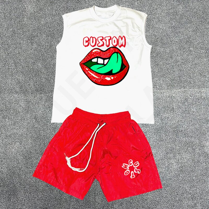 Sleeveless T-Shirt Sets Factory - OEM/ODM Custom Y2K Shorts and Printed Rhinestone Sleeveless T-Shirt Sets 2Pcs