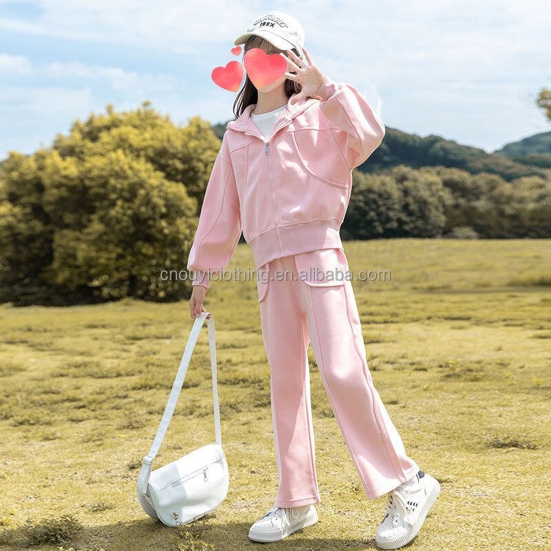 Children Pink Clothes Factory - OEM/ODM Custom OEM Heavy Weight Logo Printed Children Pink Clothes Blank Zipper Hoodies Set