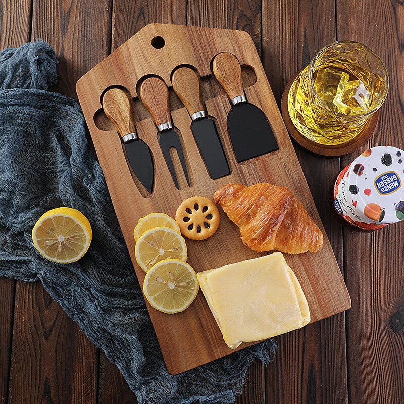 Cheese Board Gift Set Factory - OEM/ODM Custom Acacia Wooden Cheese Cutting Board Serving Tray 4pcs Cheese Knives Gift Set