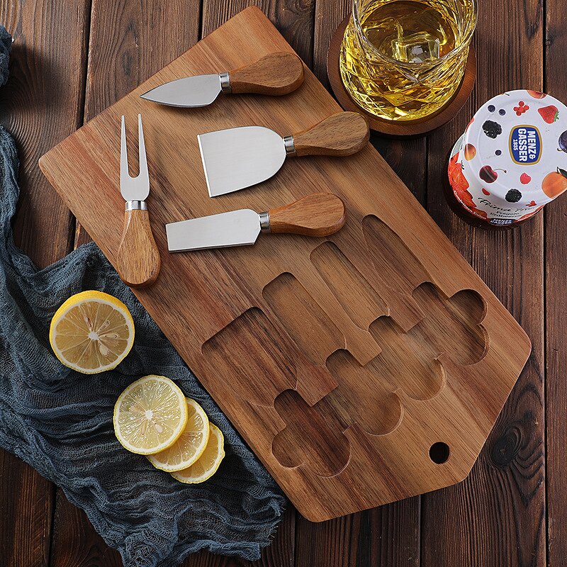 Cheese Board Gift Set Factory - OEM/ODM Custom Acacia Wooden Cheese Cutting Board Serving Tray 4pcs Cheese Knives Gift Set