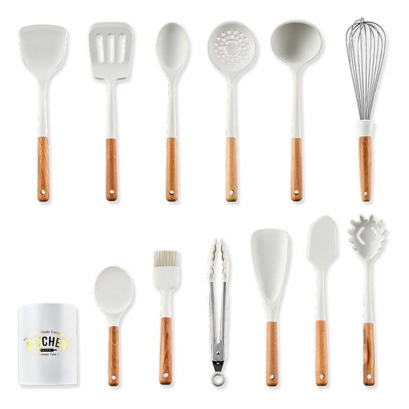 White Kitchen Utensil Set Manufacturer - OEM/ODM Custom Food Safe Nonstick White Silicone Kitchen Utensil Set Wooden Handle