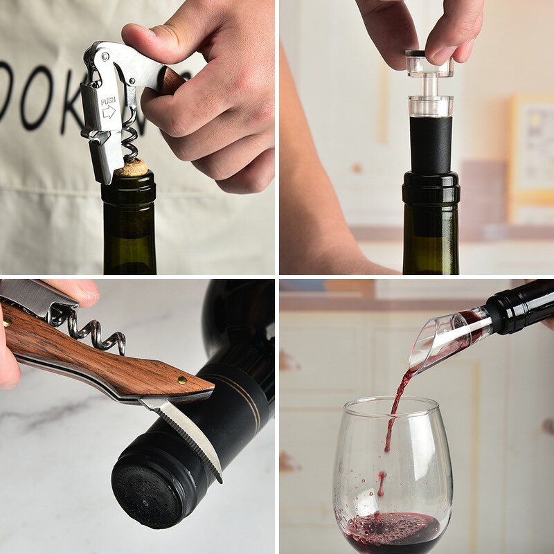 Barware Gift Set Factory - OEM/ODM Custom 3 Pack Barware Gift Set Wine Pourer Vacuum Stopper Corkscrew Bottle Opener