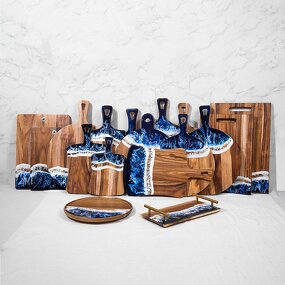 Cheese Board Cutting Block Factory - OEM/ODM Custom Wholesale Acacia Wood Epoxy Resin Blue Wave Cheese Board with Handle
