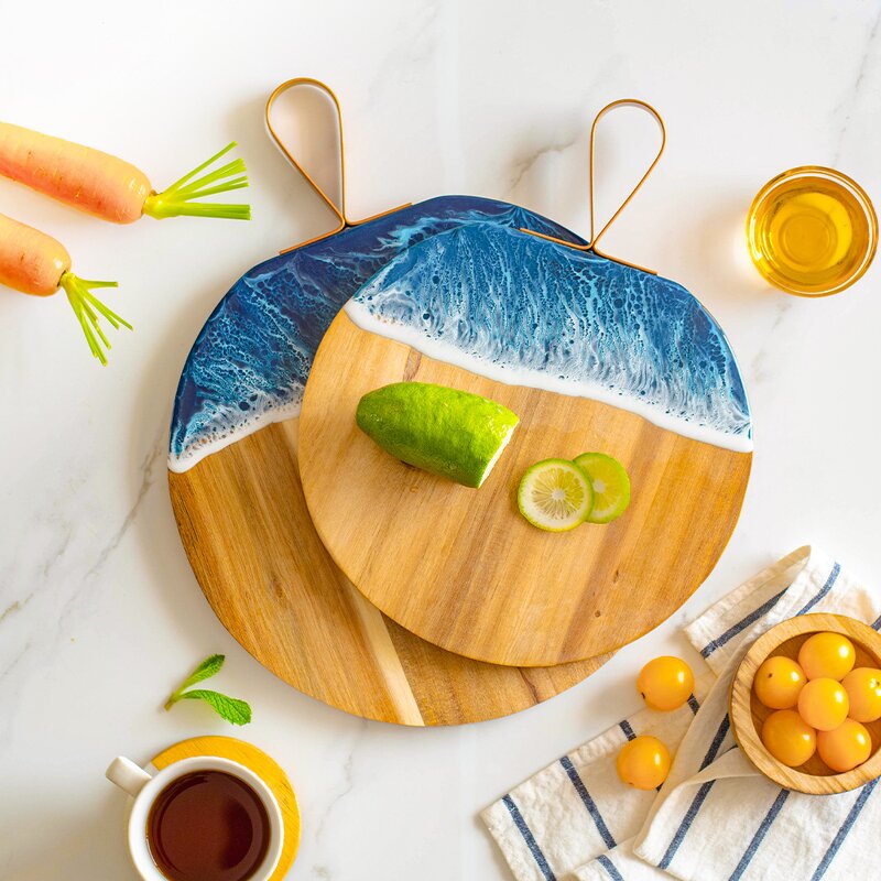 Acacia Wood Cheese Board Manufacturer - OEM/ODM Custom Acacia Wood and Epoxy Resin Blue Ocean Wave Round Cheese Board