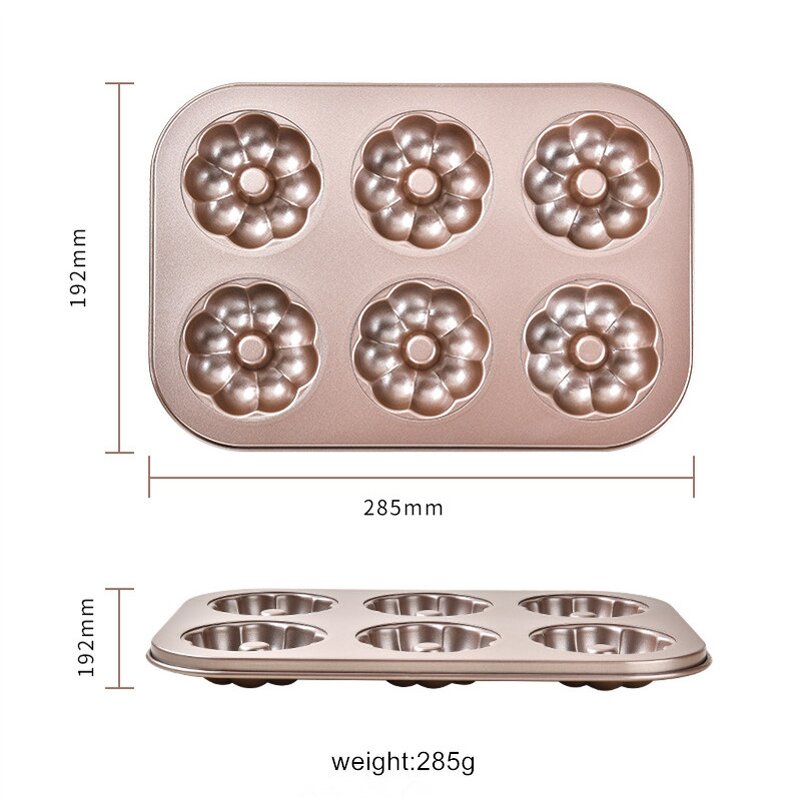 Doughnut Cake Baking Mold Factory - OEM/ODM Custom 6 Cups Carbon Steel Champagne Gold Nonstick Bakeware Doughnut Cake Mold