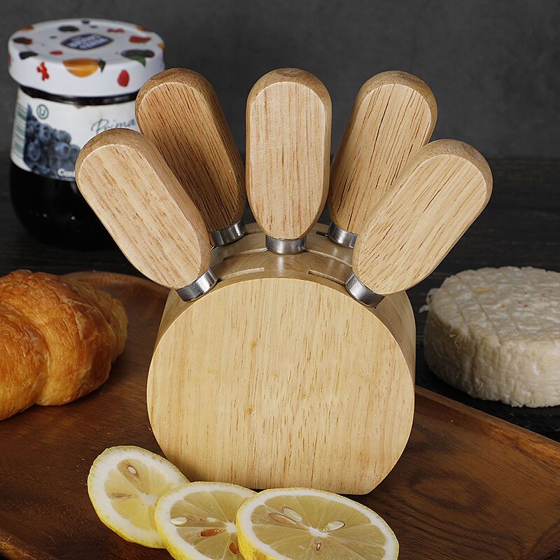 Cheese Knives and Oak Wood Holder Factory - OEM/ODM Custom Kitchen Gadgets Stainless Steel Cheese Knives Oak Wood Holder Set