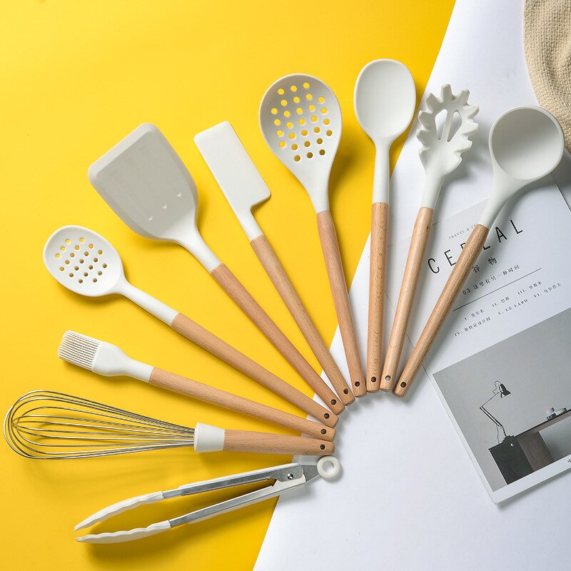 Kitchen Utensil Set Factory - OEM/ODM Custom Food Safe Nonstick White Silicone Utensil Set with Wooden Handle