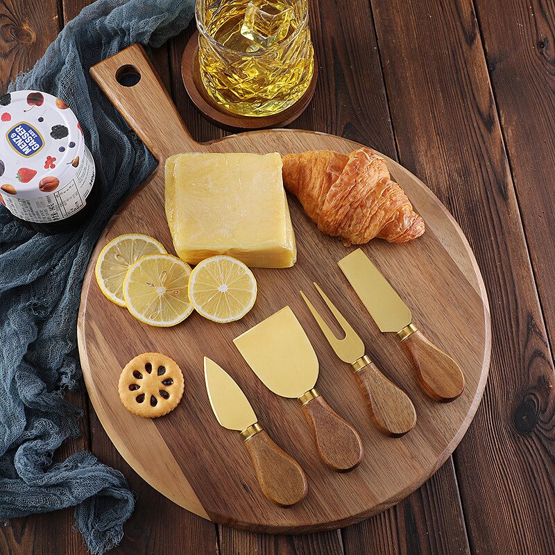 Round Cheese Board Set Manufacturer - OEM/ODM Custom Acacia Wooden Round Cheese Cutting Board Serving Tray 3pcs Knives Set