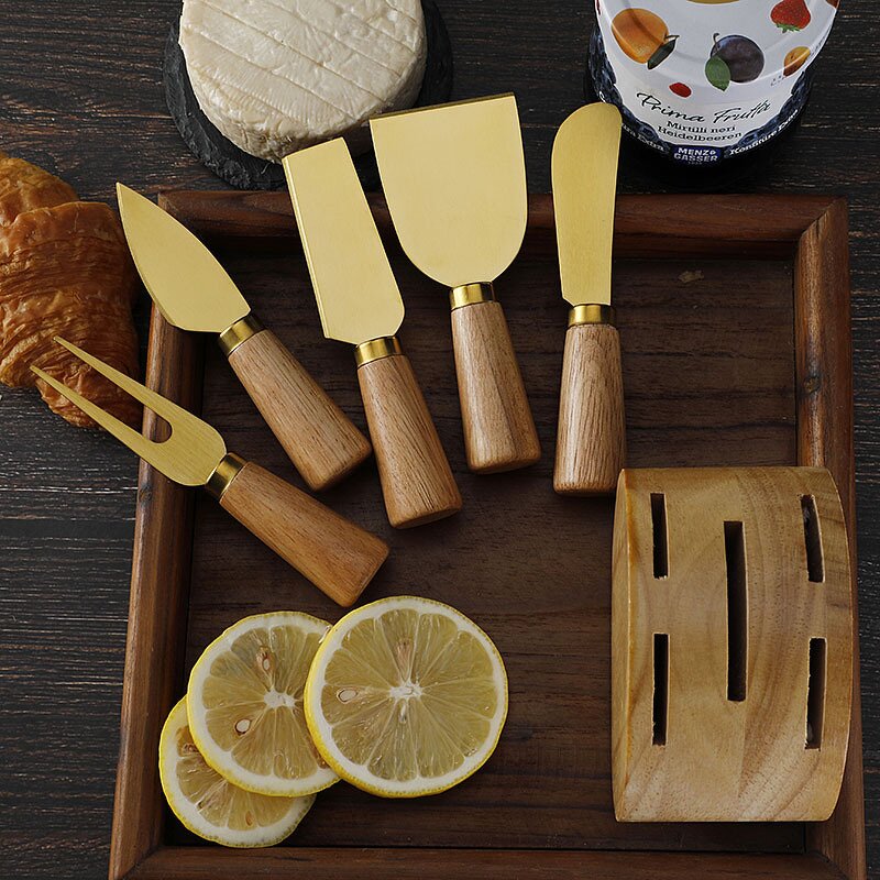 Cheese Spread Tools Manufacturer - OEM/ODM Custom Kitchen Gadgets Cheese Tools Stainless Steel Cheese Knives Oak Wood Holder