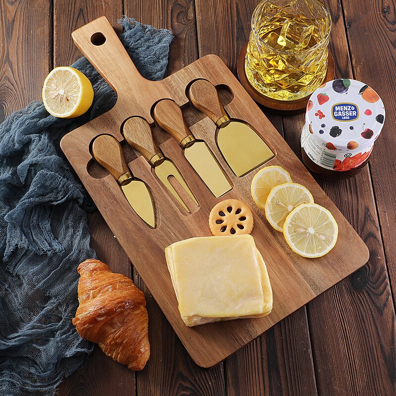 Cheese Board Set Factory - OEM/ODM Custom Acacia Wooden Rectangle Cheese Cutting Board Serving Tray 4pcs Cheese Knives Set