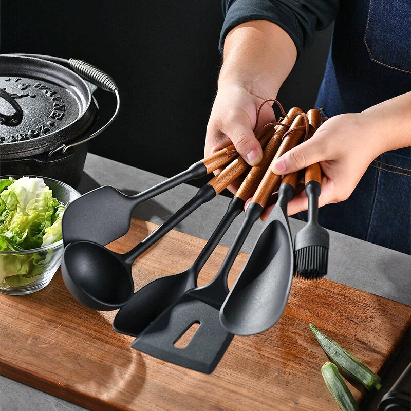Silicone Kitchenware Set Manufacturer - OEM/ODM Custom 7 Piece Wooden Handle Utensils Set