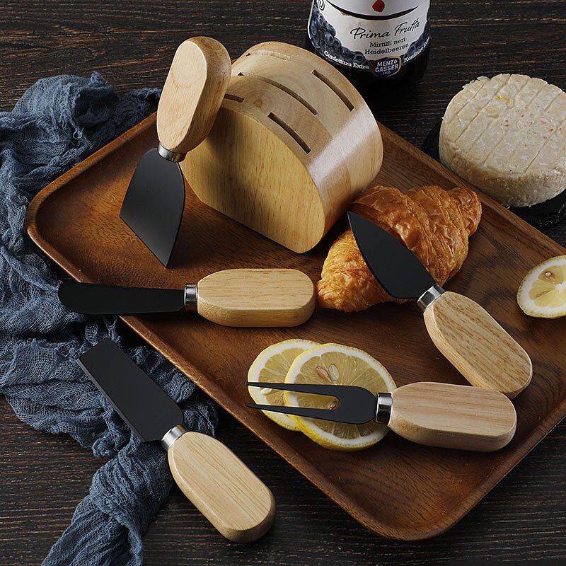 Cheese Knives and Oak Wood Holder Factory - OEM/ODM Custom Kitchen Gadgets Stainless Steel Cheese Knives Oak Wood Holder Set