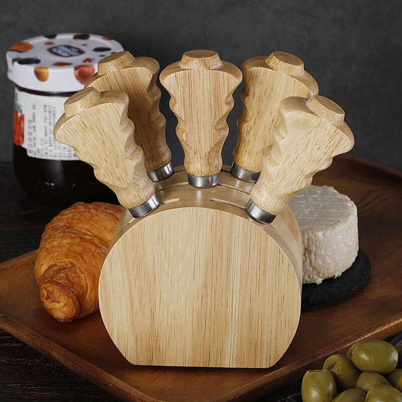 Cheese Knives Holder Set Factory - OEM/ODM Custom Kitchen Gadgets Stainless Steel Cheese Knives Oak Wood Holder Stand Set