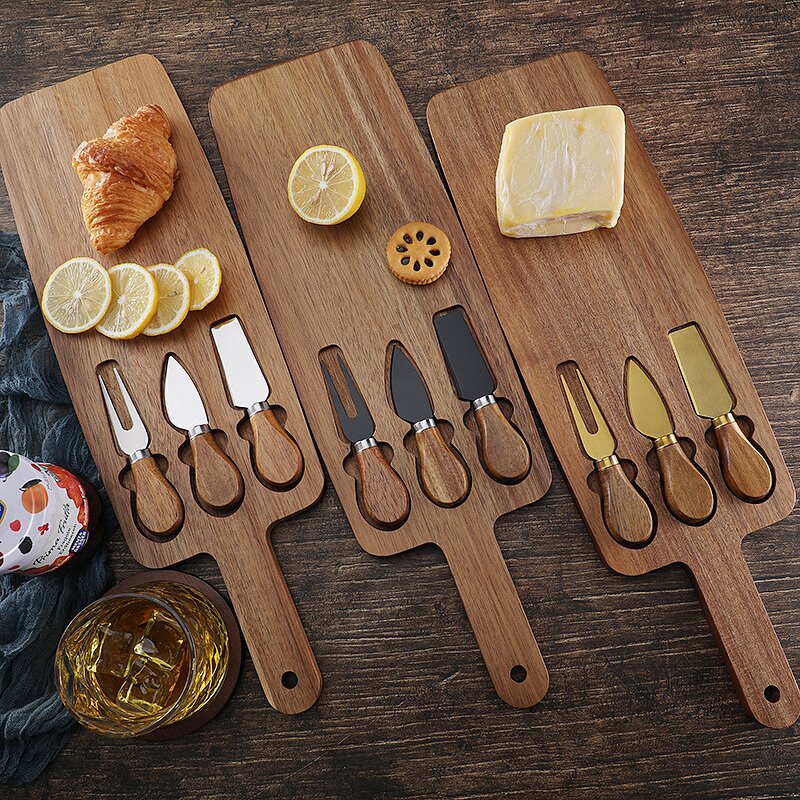 Rectangle Cheese Board Set Factory - OEM/ODM Custom Acacia Wooden Rectangle Cheese Cutting Board Serving Tray 3pcs Knives Set