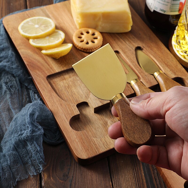 Cheese Board Set Factory - OEM/ODM Custom Acacia Wooden Rectangle Cheese Cutting Board Serving Tray 4pcs Cheese Knives Set