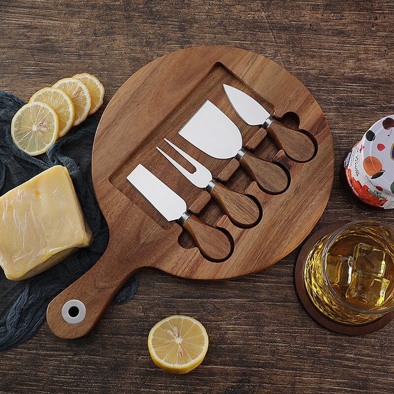 Round Cheese Board Set Manufacturer - OEM/ODM Custom Acacia Wooden Round Cheese Cutting Board Serving Tray 4pcs Knives Set
