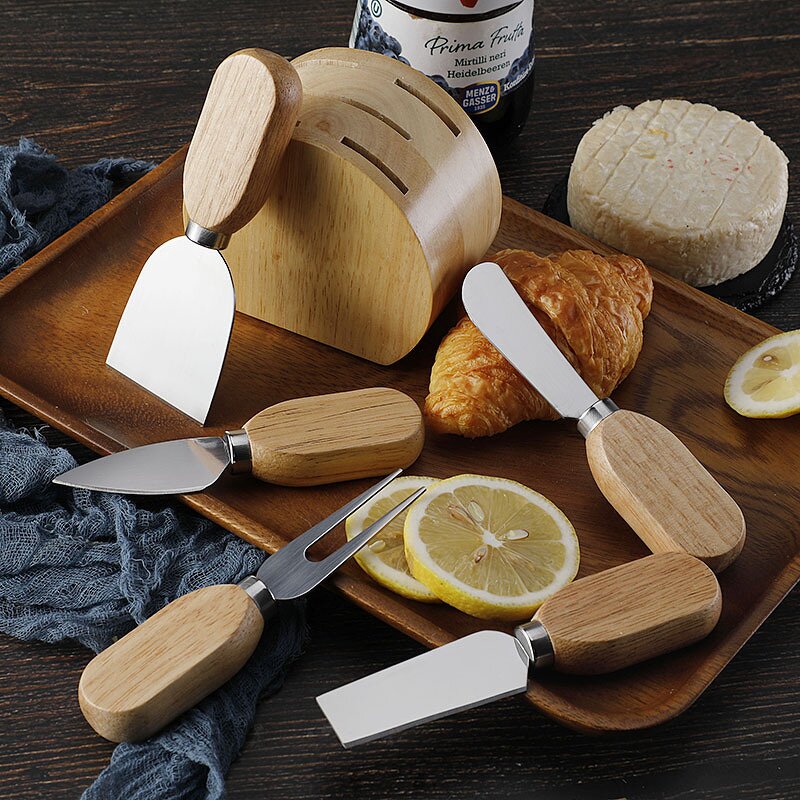 Cheese Knives and Oak Wood Holder Factory - OEM/ODM Custom Kitchen Gadgets Stainless Steel Cheese Knives Oak Wood Holder Set