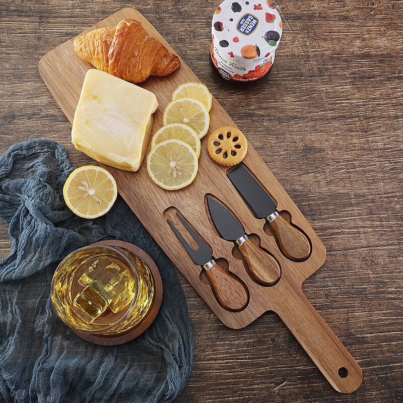 Rectangle Cheese Board Set Factory - OEM/ODM Custom Acacia Wooden Rectangle Cheese Cutting Board Serving Tray 3pcs Knives Set