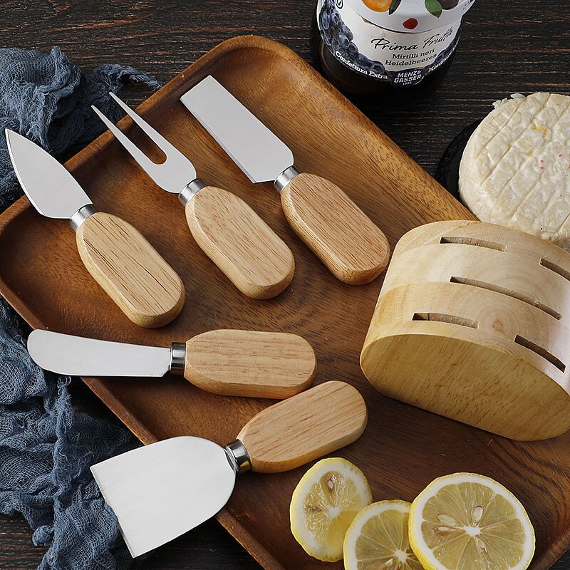 Cheese Knives and Oak Wood Holder Factory - OEM/ODM Custom Kitchen Gadgets Stainless Steel Cheese Knives Oak Wood Holder Set