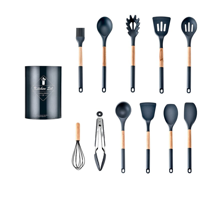 Kitchenware Accessories Manufacturer - OEM/ODM Custom Food Grade 13PCS Wooden Handle Silicone Kitchen Utensil Set
