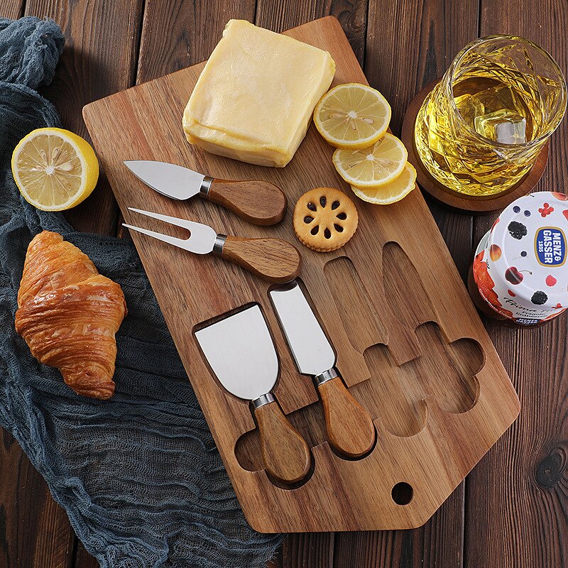 Cheese Board Gift Set Factory - OEM/ODM Custom Acacia Wooden Cheese Cutting Board Serving Tray 4pcs Cheese Knives Gift Set
