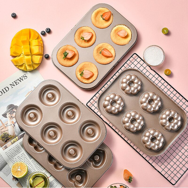 Doughnut Cake Baking Mold Factory - OEM/ODM Custom 6 Cups Carbon Steel Champagne Gold Nonstick Bakeware Doughnut Cake Mold