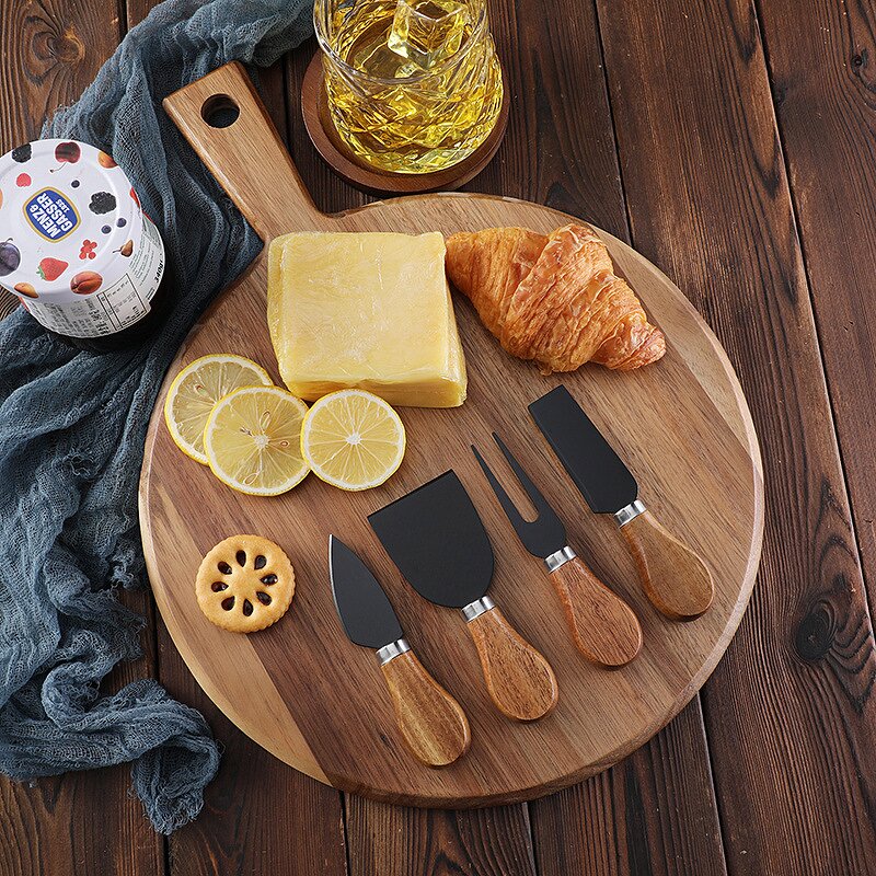 Round Cheese Board Set Manufacturer - OEM/ODM Custom Acacia Wooden Round Cheese Cutting Board Serving Tray 3pcs Knives Set