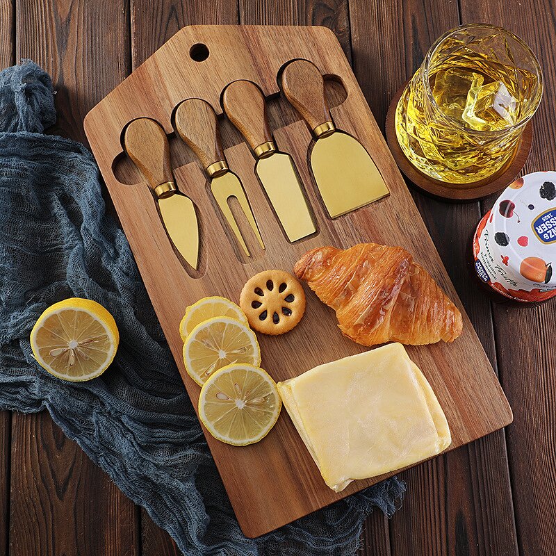 Cheese Board Gift Set Factory - OEM/ODM Custom Acacia Wooden Cheese Cutting Board Serving Tray 4pcs Cheese Knives Gift Set