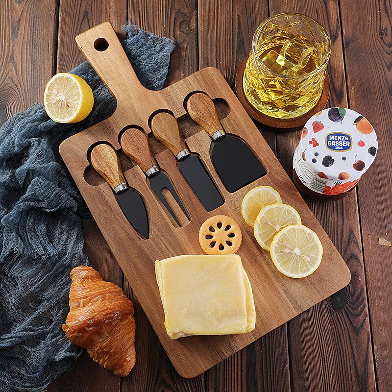 Cheese Board Set Factory - OEM/ODM Custom Acacia Wooden Rectangle Cheese Cutting Board Serving Tray 4pcs Cheese Knives Set
