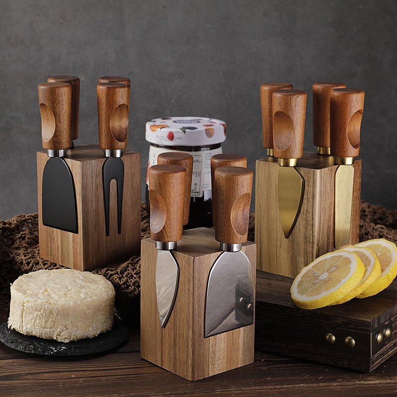 Cheese Knife Holder Set Factory - OEM/ODM Custom Kitchen Gadgets Cheese Tools Stainless Steel Cheese Knife Acacia Wood Holder