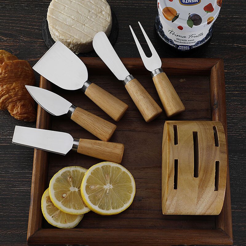 Cheese Spread Tools Manufacturer - OEM/ODM Custom Kitchen Gadgets Cheese Tools Stainless Steel Cheese Knives Oak Wood Holder
