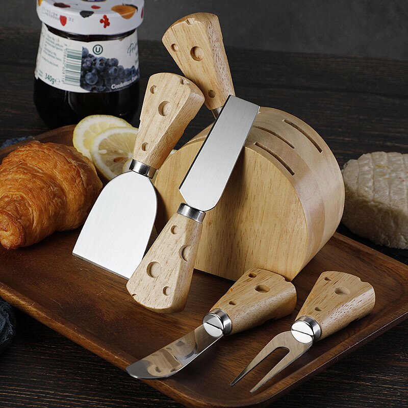 Cheese Board Tools Set Factory - OEM/ODM Custom Kitchen Gadgets Stainless Steel Cheese Knives Oak Wood Holder Stand Set