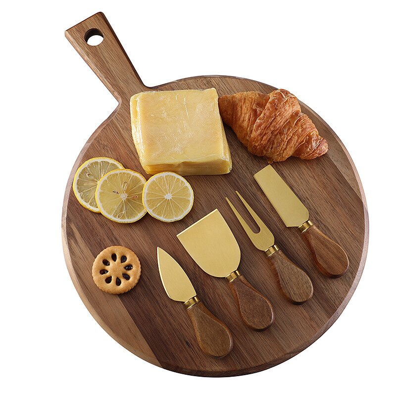 Round Cheese Board Set Manufacturer - OEM/ODM Custom Acacia Wooden Round Cheese Cutting Board Serving Tray 3pcs Knives Set