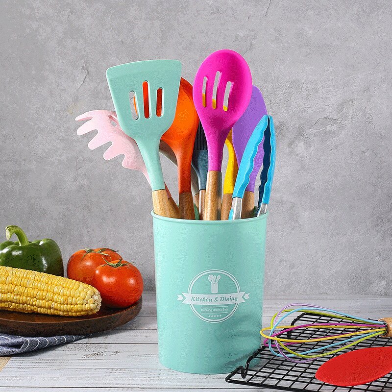 15pcs Kitchen Utensil Set Manufacturer - OEM/ODM Custom 15pcs Wooden Handle Silicone Utensil Set with Holder Hook