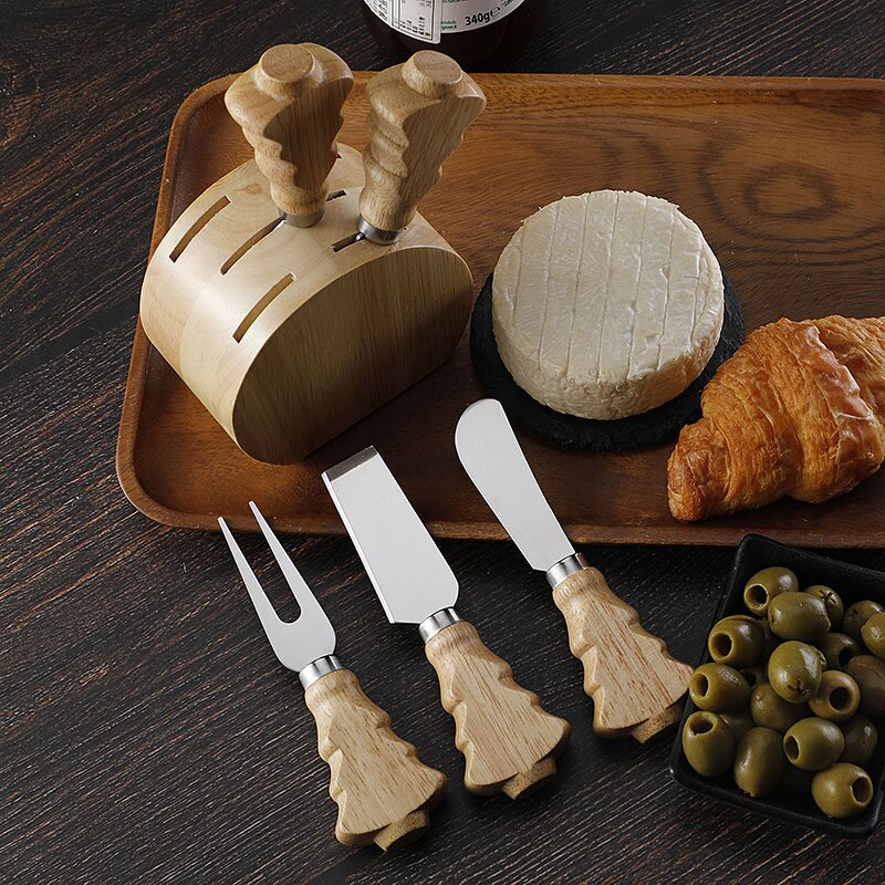 Cheese Knives Holder Set Factory - OEM/ODM Custom Kitchen Gadgets Stainless Steel Cheese Knives Oak Wood Holder Stand Set