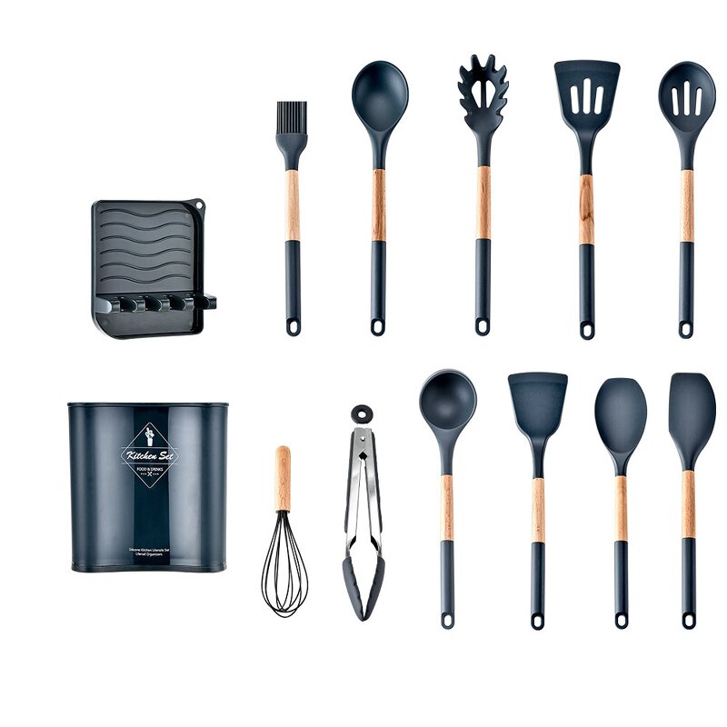 Kitchenware Accessories Manufacturer - OEM/ODM Custom Food Grade 13PCS Wooden Handle Silicone Kitchen Utensil Set