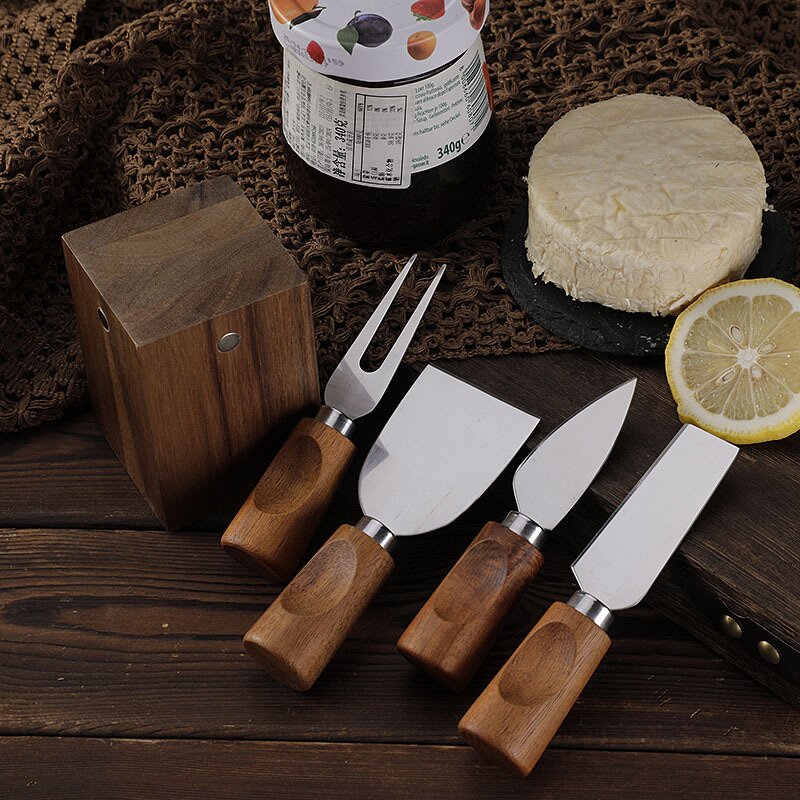 Cheese Knife Holder Set Factory - OEM/ODM Custom Kitchen Gadgets Cheese Tools Stainless Steel Cheese Knife Acacia Wood Holder