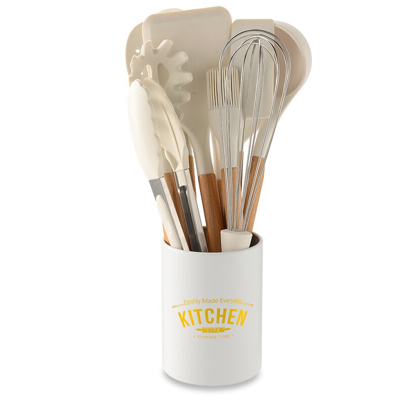 Kitchen Utensil Set Factory - OEM/ODM Custom Food Safe Nonstick White Silicone Utensil Set with Wooden Handle