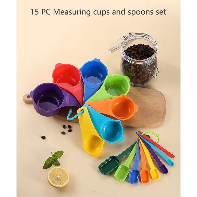 Plastic Measuring Spoons Cups Set Factory - OEM/ODM Custom 15pcs Colorful Plastic Measuring Spoons Cups Measurer Set
