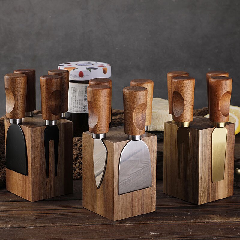 Cheese Knife Holder Set Factory - OEM/ODM Custom Kitchen Gadgets Cheese Tools Stainless Steel Cheese Knife Acacia Wood Holder