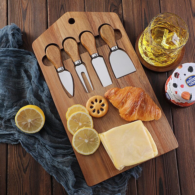 Cheese Board Gift Set Factory - OEM/ODM Custom Acacia Wooden Cheese Cutting Board Serving Tray 4pcs Cheese Knives Gift Set