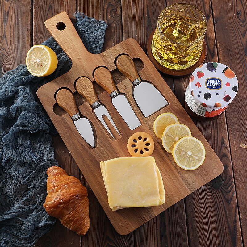 Cheese Board Set Factory - OEM/ODM Custom Acacia Wooden Rectangle Cheese Cutting Board Serving Tray 4pcs Cheese Knives Set