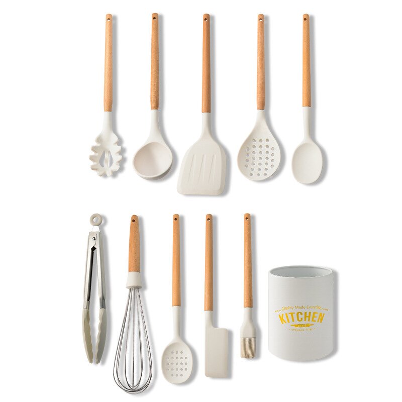 Kitchen Utensil Set Factory - OEM/ODM Custom Food Safe Nonstick White Silicone Utensil Set with Wooden Handle