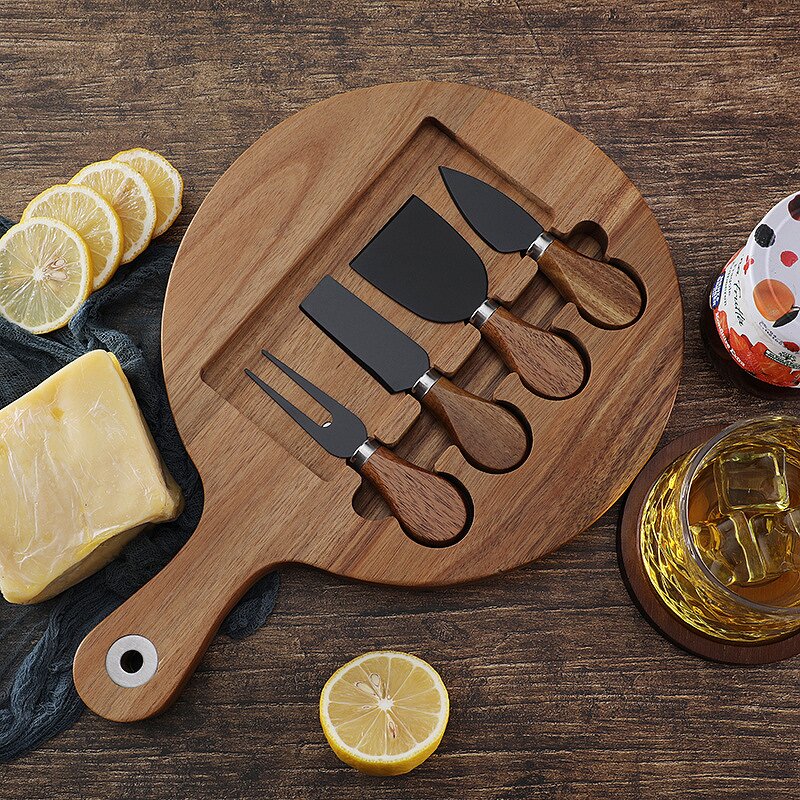 Round Cheese Board Set Manufacturer - OEM/ODM Custom Acacia Wooden Round Cheese Cutting Board Serving Tray 4pcs Knives Set