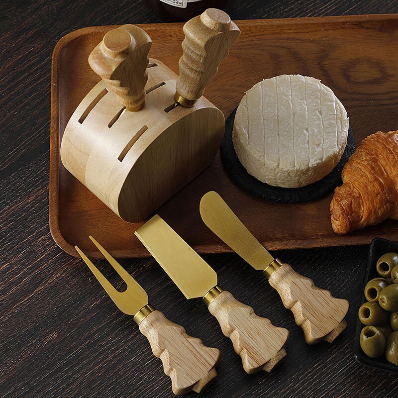 Cheese Knives Holder Set Factory - OEM/ODM Custom Kitchen Gadgets Stainless Steel Cheese Knives Oak Wood Holder Stand Set