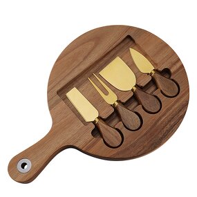 Round Cheese Board Set Manufacturer - OEM/ODM Custom Acacia Wooden Round Cheese Cutting Board Serving Tray 4pcs Knives Set